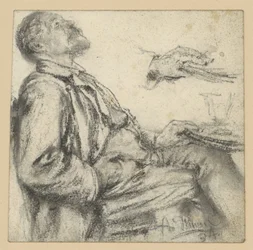 Homme assis à une table, tourné vers la droite, la tête penchée en arrière, le regard levé vers le haut, ainsi qu