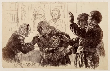 Marthe, les tessons de la cruche dans les bras, se tient entre Veit et Ruprecht, tandis qu