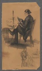 Un homme tenant des cartes à la main, assis à une table de jeu (en haut) ; un homme assis à une table, caressant un chien (en bas)
