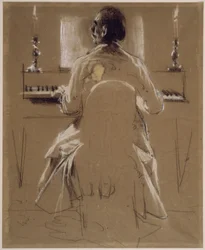 Étude de modèle (Richard, frère de Menzel) pour Philipp Emanuel Bach au piano ou au pianoforte. Étude préparatoire pour le tableau « Concert de flûte de Frédéric le Grand à Sanssouci »
