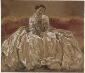 Étude de modèle (Emilie, la sœur de Menzel) représentant la princesse Wilhelmine de Prusse (margrave Wilhelmine de Bayreuth) assise sur un canapé. Étude préparatoire au tableau « Le concert de flûte de Frédéric le Grand à Sanssouci »