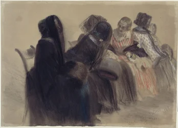 Soirée musicale : six femmes assises sur des chaises, alignées vers la droite en une rangée s