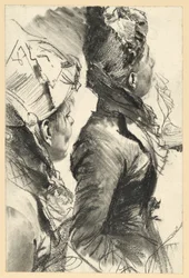 Femme au chapeau levant les yeux vers la droite, demi-figure de profil, deux études