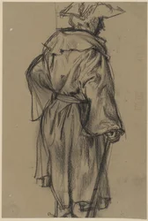 Officier en manteau et chapeau, tenant une canne de la main droite, vu de trois quarts de dos vers la droite. (Étude de pose de Moritz von Anhalt-Dessau)