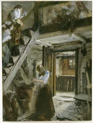 Escalier dans une ferme orné de figures décoratives