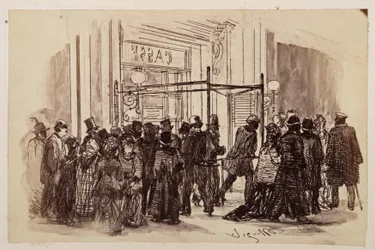 Billetterie du théâtre, les acheteurs se pressent depuis la droite vers la billetterie éclairée et s