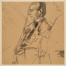 Violoniste. Demi-figure. Profil vers la gauche. Esquisse de profil à droite. Étude préparatoire pour le tableau « Concert de flûte de Frédéric le Grand à Sanssouci »