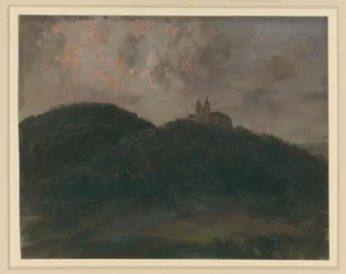 Paysage montagneux boisé avec le monastère de Banz, près de Lichtenfels en Bavière, sur les hauteurs