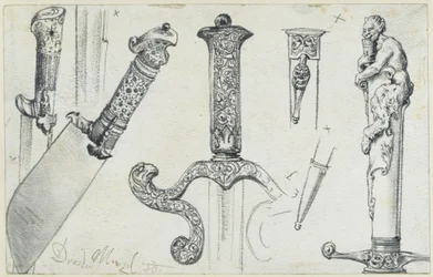 Couteau de chasse de la fin du XVIe siècle, épée de chasse de la première moitié du XVIIe siècle ainsi que le « Permoser » (couteau de chasse au cerf) du début du XVIIIe siècle, Musée historique, Dresde