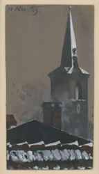 Toit de tuiles et clocher, enneigés