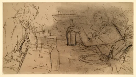 Deux hommes assis face à face à une table de bistrot, en pleine conversation