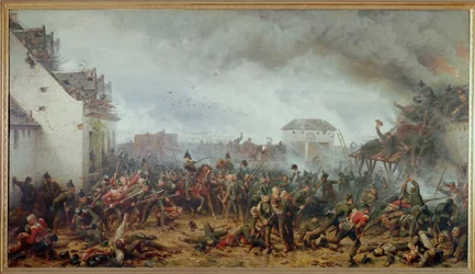 La défense de la ferme de La Haye Sainte, bataille de Waterloo, défaite finale de Napoléon (huile sur toile)