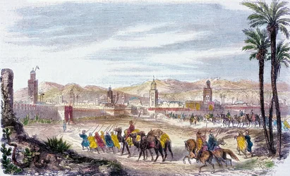 Marrakech, Maroc (gravure en couleur)