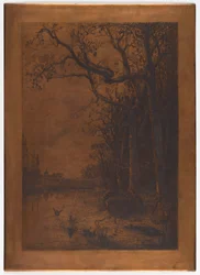 Plaque de cuivre gravée "Paysage avec des canards" par Adolphe Appian