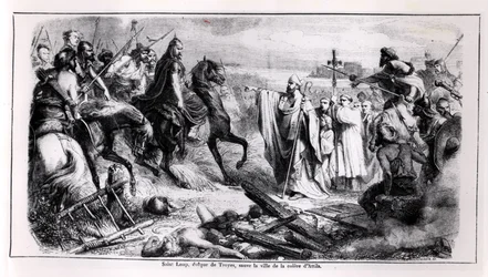 Saint Loup défendant la ville de Troyes contre Attila le Hun (c.406-453) sur son cheval, illustration d