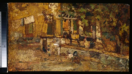 Basse-cour avec un âne et des coqs