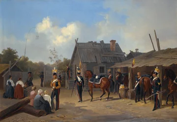 Bivouac de soldats dans un village