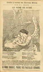 Illustration de Adolphe dit Willette (1857-1926) dans Le Pèlerin, 22/12/07 - Le rêve du bébé - Réclamation Publicité, Maternité - Ange