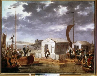 Entrevue de Tilsit (Tilsitt) entre Napoléon Ier et le tsar Alexandre Ier de Russie sur le fleuve Niémen le 25 juin