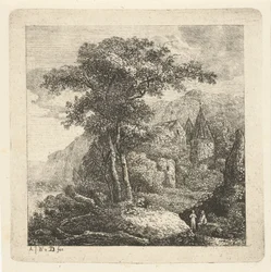 Paysage montagneux avec arbres, château et deux figures