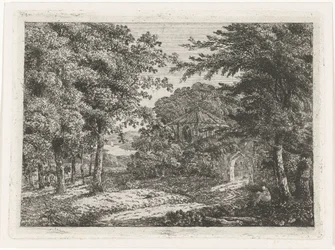 Paysage avec chapelle entre les arbres et moine lisant