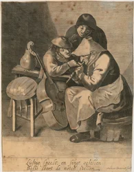 Joueuse de flûte et deux paysans
