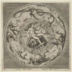 Design pour une assiette avec Thétis sur une coquille dans un médaillon bordé de monstres marins, vers 1600