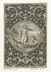 Médaillon avec Vénus et Amour dans un cadre de grotesques avec fleurs, guirlandes, animaux et mascarons (Médaillons avec des figures du Jugement de Paris)