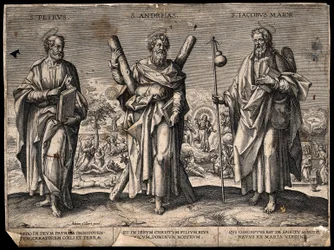 Saint Pierre apôtre, saint André apôtre et saint Jacques le Majeur. Gravure.