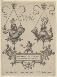 Planche de titre avec deux pendentifs au-dessus et Neptune debout sur un cartouche en dessous, 1582