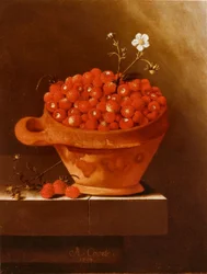 Coupe en faïence avec des fraises sur un socle en pierre
