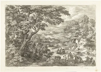 Paysage avec chasseurs rentrant chez eux, un château au loin