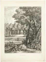 Paysage avec couple assis sur un escalier dans le jardin