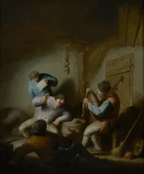Intérieur de grange avec des paysans faisant de la musique