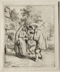 Paysans conversant avec une femme