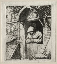 Paysanne appuyée sur sa porte