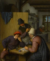 Trois paysans buvant et fumant dans une taverne