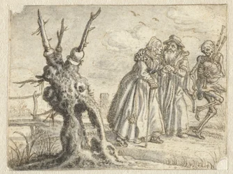 Vieil homme et vieille femme suivant volontairement la mort jouant de la cornemuse