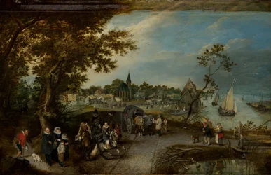Paysage avec des personnages et une fête de village