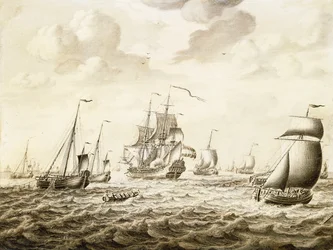 Un navire de guerre hollandais tirant une salve - un Penschilderij