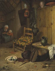 Un intérieur de cuisine avec une mère et son enfant
le blason de la famille Van Doerne sur le coussin tissé