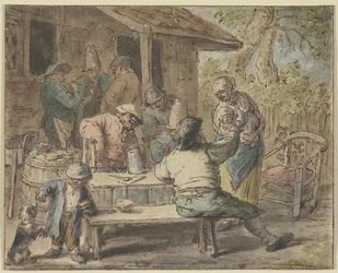 Paysans avec des enfants devant une maison