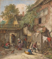 Cour intérieure où une femme nettoie des moules