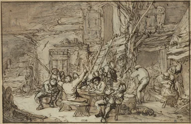 Paysans faisant la fête dans une taverne avec un violoneux