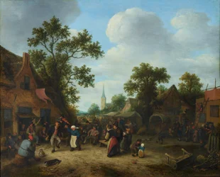 Fête de village avec un couple de paysans dansant