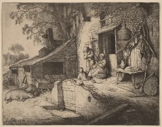 Ferme avec une famille paysanne devant la porte d