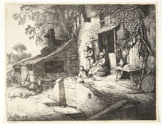 Femme filant devant une maison de paysan