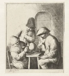 Homme regardant dans une cruche vide, deux hommes regardant (La cruche vide)