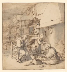 Famille de paysans autour de la cheminée