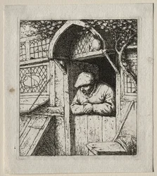 Paysanne appuyée sur sa porte
